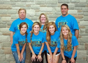 Boston Strong t-shirt organizers (l-r) Meghan Peters, Jill Eckler, Courtney Loughnane, and Kaitlyn Kelleher with (back row l-r) CHS Assistant Principal Henry McDeed, Secretary Heather Sullivan, and Principal Derek Folan