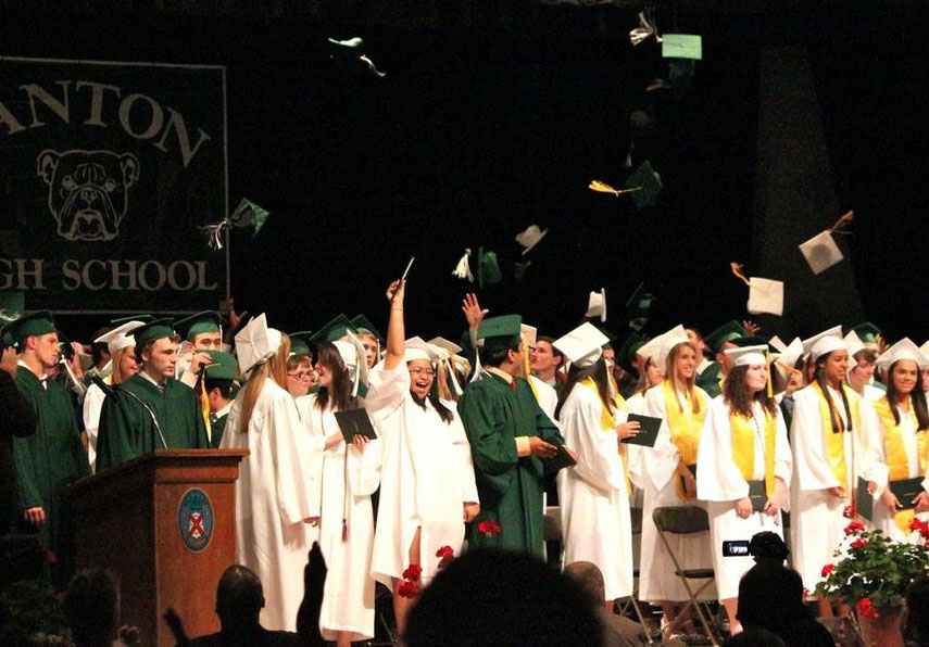 Canton High School’s Class of 2013 celebrates at the conclusion of Friday night’s commencement ceremony. (Mike Barucci photo)