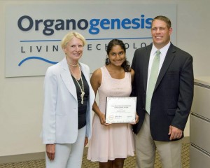 L-R: Director of Human Resources at Organogenesis Houda Samaha, scholarship recipient Pujitha Ganni, and CHS Principal Derek Folan