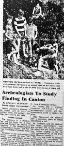 A press clipping from 1969 showing the neighborhood kids at the archeological dig as one child holds a skull