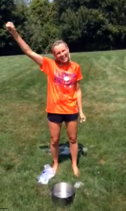 Carol Duggan celebrates after completing the ice bucket challenge.