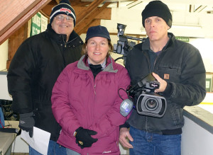 CCTV President Joe Donnelly (left), also the famous voice of Bulldogs hockey, with CCTV crewmembers Andrea Galvin and Tim O’Connor