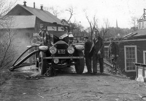 Canton’s 1925 American LaFrance at one of the frequent fires at Plymouth Rubber. The Revere barn is in the background. (Courtesy of the Canton Historical Society)