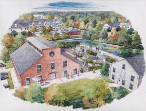 An architectural rendering of the proposed Paul Revere heritage site, depicting a renovated rolling mill and barn (Source: www.plymouthrubberyes.com)