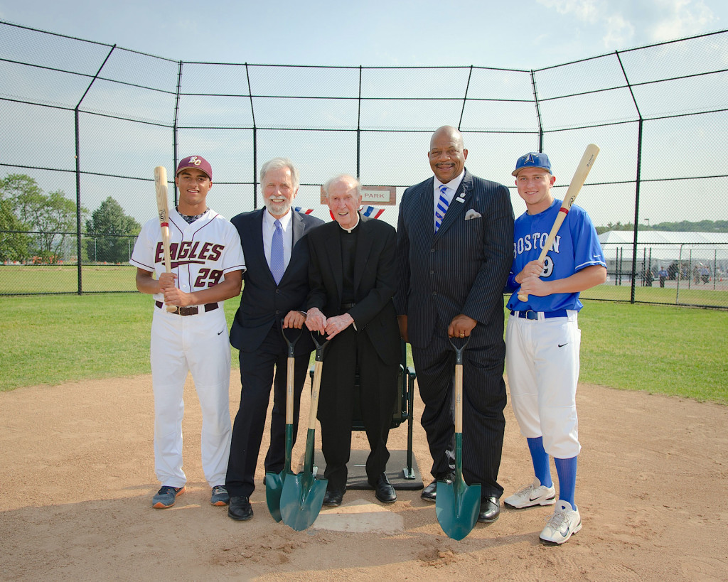 L-R: Kyle Burke, William Kemeza, BC High president, Rev. J. Donald Monan, SJ, Chancellor J. Keith Motley, and Bryan Dupre