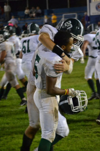 Jake Ragusa and Dan Alice celebrate a Bulldog touchdown. (Julia M. Cohen photo)