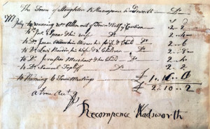 The billing statement from Constable Recompense Wadsworth for warning residents about the July 1777 town meeting