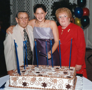 Marissa Levenson is pictured at her bat mitzvah with her hero, Izzy Geller, and Izzy’s wife, Marilyn.