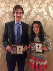 Mark Clancy and Catherine Song display their Hockomock League Scholar Athlete awards.