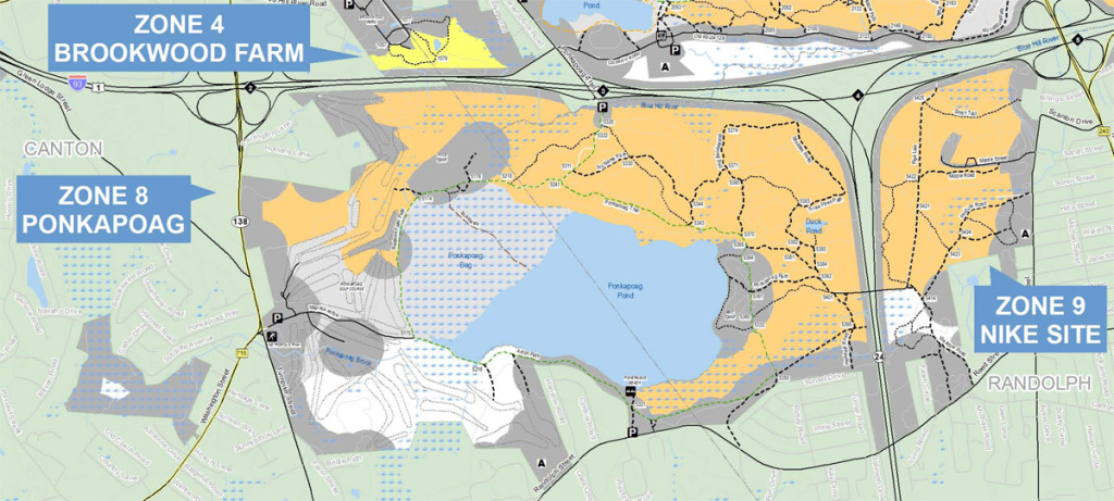 Map of the permitted hunting zones around Ponkapoag Pond. Shotgun hunting will be permitted in the orange shaded area and archery hunting in the yellow shaded area. (Click to enlarge)