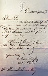 The Spencerian script of Andrew Lopez, town clerk in 1871, writing to Judge Grover and appointing him chairman of the committee on the subject of a public library (Collection of the Canton Historical Society)