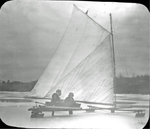 A very early view of ice sailing on Reservoir Pond (Courtesy of the Canton Historical Society)