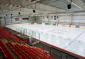 The red rink features a Canton logo at center ice. (Michelle Stark photo)