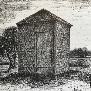 An engraved sketch of the original powder house that was built in 1809