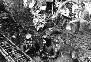 Walter Kessler (right) and Donald O’Shea (left) inside the crash site prior to recovering the first two victims (Collection of the Canton Historical Society)
