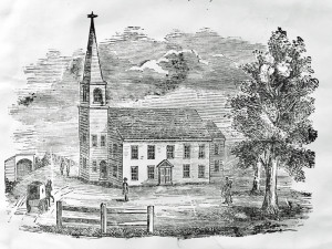 A woodcut of the First Parish Church that served the congregation from 1747-1824 (Collection of the Canton Historical Society)