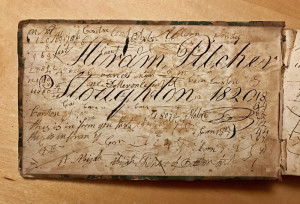 The inside front cover of Hiram Pitcher’s notebook that he began in 1820 (Courtesy of the Canton Historical Society)