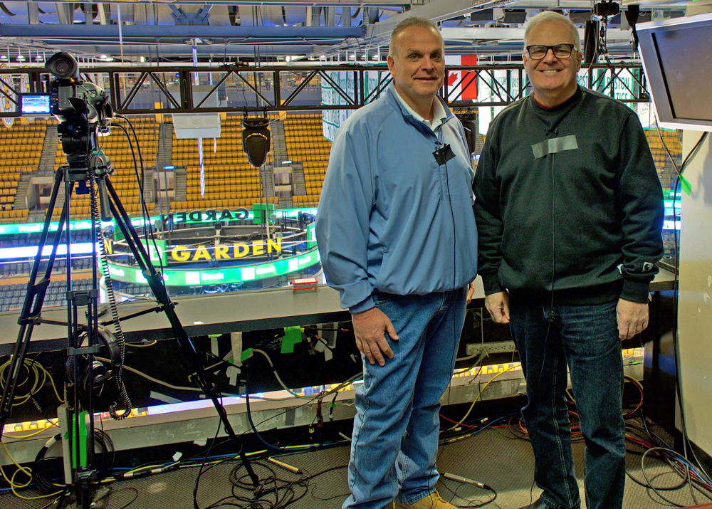Joe Donnelly (right) with announcing partner Pete DeSisto at last year's girls state championship game at the TD Garden. It was the last game that Donnelly called for Canton hockey. (Photo courtesy of Tanya Willow)